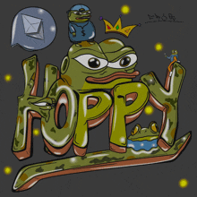 a drawing of a frog with the word hoppy in the middle