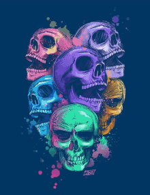 a bunch of colorful skulls on a blue background