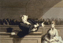 a painting of a judge talking to a woman sitting in a chair