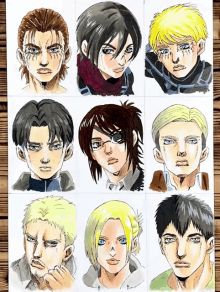 a collection of drawings of anime characters including mikasa and eren