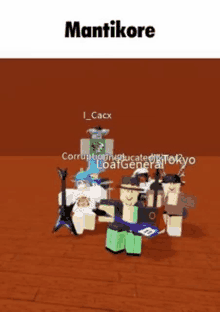 a group of roblox characters are standing on a wooden floor .