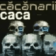 a group of skulls are standing next to each other on a black background with the words cacanari caca .