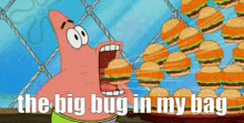 patrick star from spongebob squarepants is eating a pile of hamburgers .