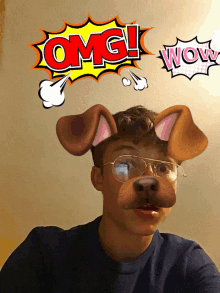 a boy wearing glasses and a dog mask with the word omg above him