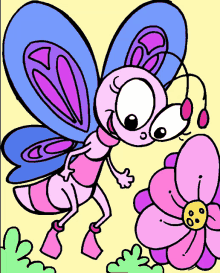 a cartoon drawing of a pink and blue butterfly looking at a pink flower