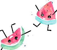 two slices of watermelon with faces and straws