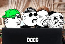 a group of cartoon faces are looking at a computer screen that says dood on it