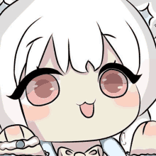 a close up of a cartoon girl with white hair and a bow on her chest .