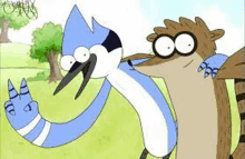 two cartoon characters , regular show , standing next to each other in a field .