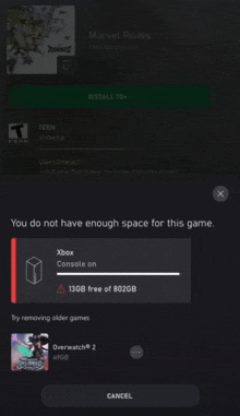 a screenshot of a game that says you do not have enough space