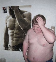 a shirtless man is standing in front of a picture of a shirtless man drinking from a bottle