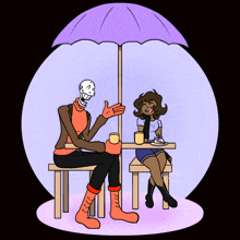 a cartoon of a skeleton and a girl sitting under an umbrella