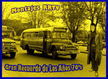 a man in a trench coat stands in front of an old bus with the words gran recuerdo de los anos 70 's on the bottom