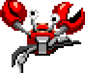 a pixel art of a crab with red claws and a black eye