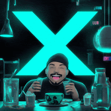 a man sitting at a table in front of a large x