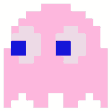 a pixel art of a pink ghost with blue eyes .