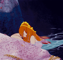 a cartoon drawing of a mermaid laying on a rock in the water