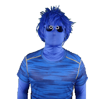 a person wearing a blue shirt and sunglasses has a blue wig on