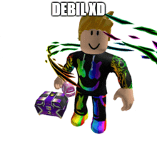 a colorful roblox character holding a purple box with the words debilxd on the top