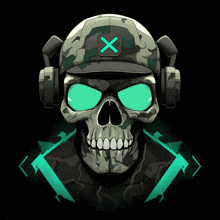 a skull wearing headphones and a helmet with a cross on it