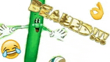 a cartoon of a green stick with a face and hands holding a gold chain .