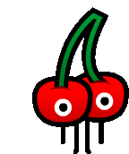 a pair of cherries with eyes and a green stem .