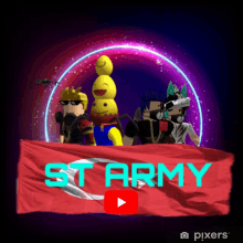 a group of cartoon characters holding a red flag that says starmy on it