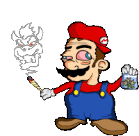 a cartoon of mario smoking a cigarette while holding a jar of marijuana