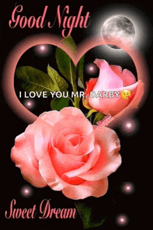 a picture of two pink roses in a heart shaped frame with the words good night i love you mr. darby sweet dream