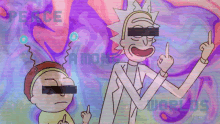 rick and morty are giving the middle finger in a glitch screen