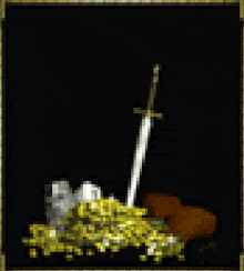 a sword is laying on top of a pile of gold coins