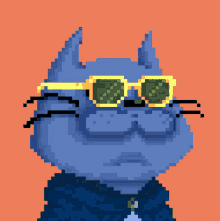 a pixel art of a cat wearing sunglasses and a blue jacket