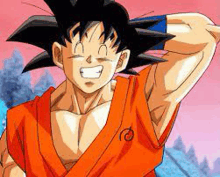 a close up of a cartoon character , goku from dragon ball z , smiling and holding his arm up .