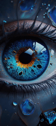 a close up of a woman 's blue eye with a yellow center