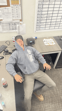 a man wearing a hoodie that says ' guys ' timber ' on it is sleeping on a desk