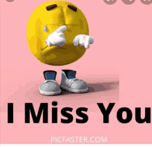 a yellow smiley face is crying and says i miss you on a pink background