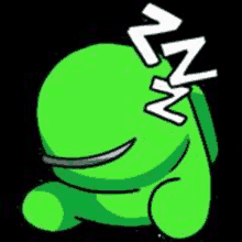 a green among us character is sleeping with a smile on his face .