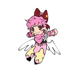 a cartoon girl with pink hair and wings is flying in the air .