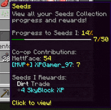 a screenshot of a minecraft game showing the progress of a seeds collection