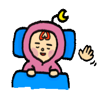 a cartoon drawing of a baby in a pink hoodie sleeping on a blue blanket