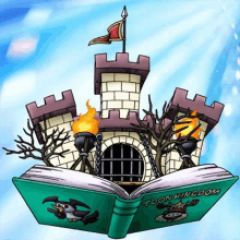 a cartoon drawing of a castle and a book that says toon kingdom