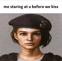 a woman wearing a black beret with the words me staring at u before we kiss