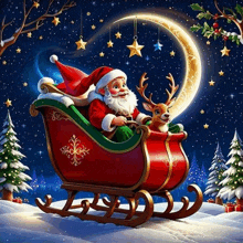 santa claus is riding in a sleigh with a reindeer and a crescent moon in the background