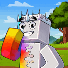 a cartoon character wearing a crown and holding a rainbow block