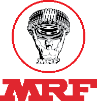 a mrf logo with a man holding a tire in his hands