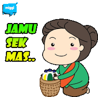 a cartoon of a woman holding a basket with the words " jamu sek mas " written above her