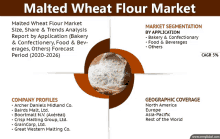 a poster titled malted wheat flour market shows a picture of a pile of flour