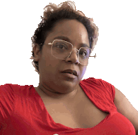 a woman wearing glasses and a red shirt has a serious look on her face