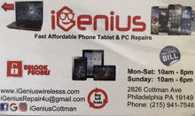 an advertisement for igenius fast affordable phone tablet & pc repairs