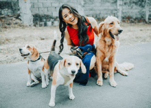 a woman in a red top is kneeling down next to three dogs